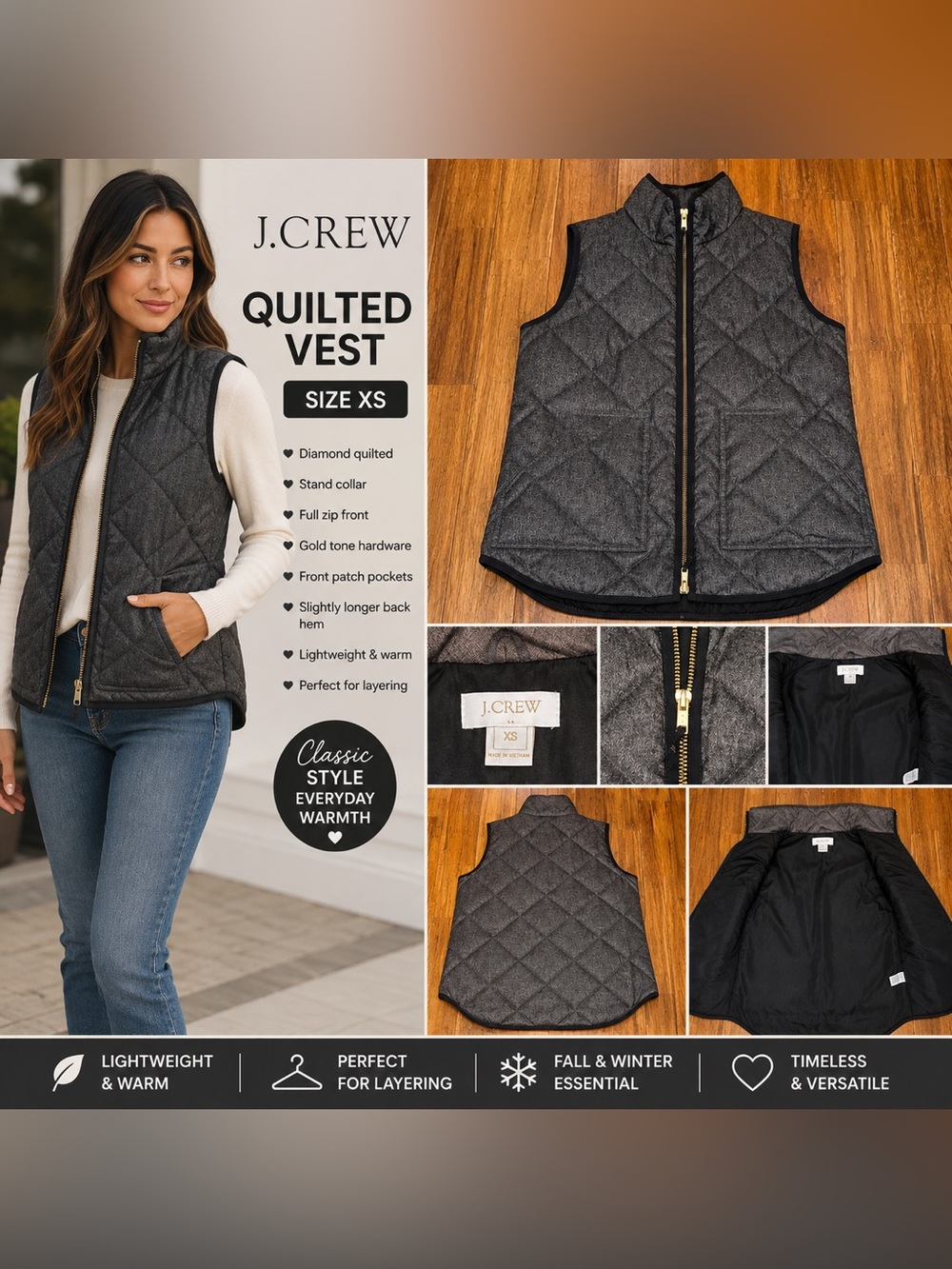 J.Crew Charcoal Gray Quilted Vest Size XS